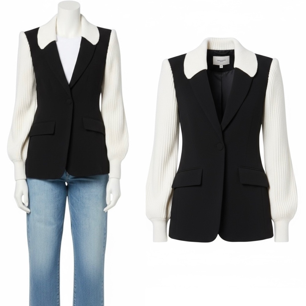 Cinq A Sept Women’s Cheyenne Knit Combo Tailored Black and Ivory Blazer Size 8 - Picture 4 of 12